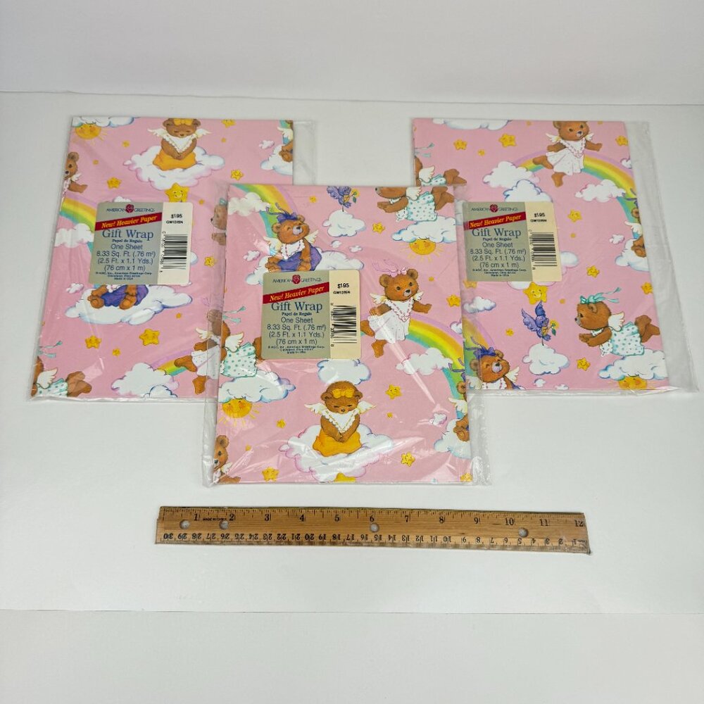 Vtg Pink Rainbow Clouds Stars Sun Teddy Bears Baby American Greetings‎ Gift Wrap